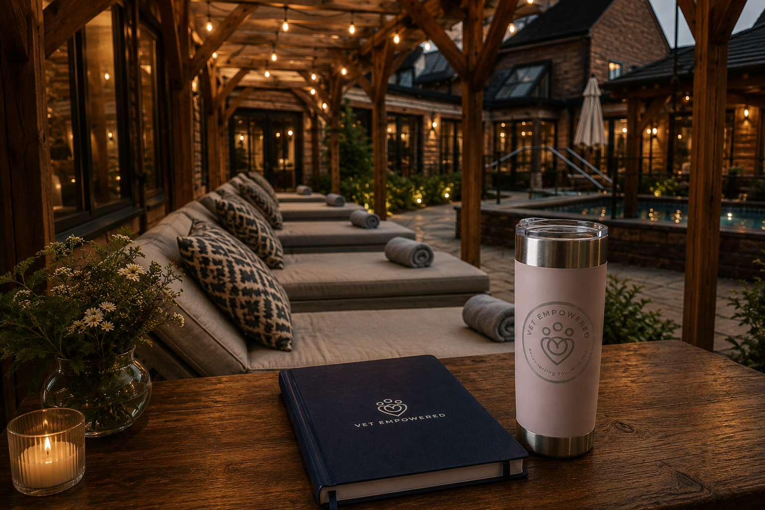 A Vet Empowered notebook and tumbler on a wooden table in a softly lit outdoor retreat space.