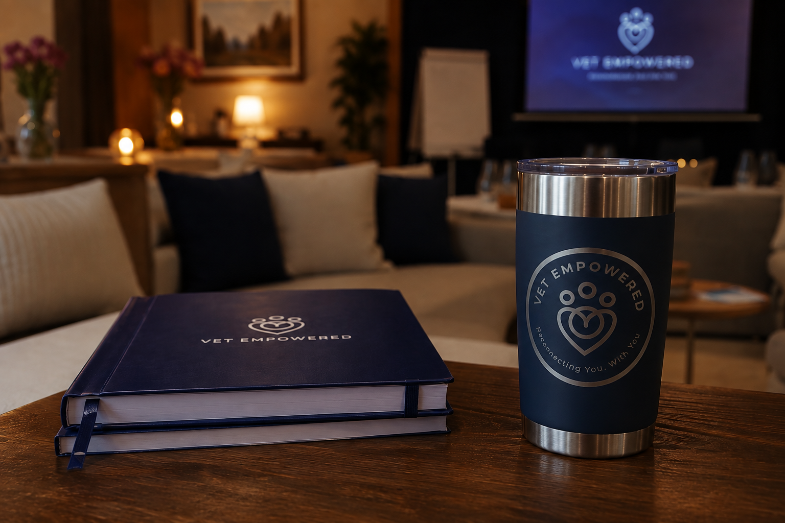A Vet Empowered notebook and tumbler on a wooden table in a softly lit retreat room.