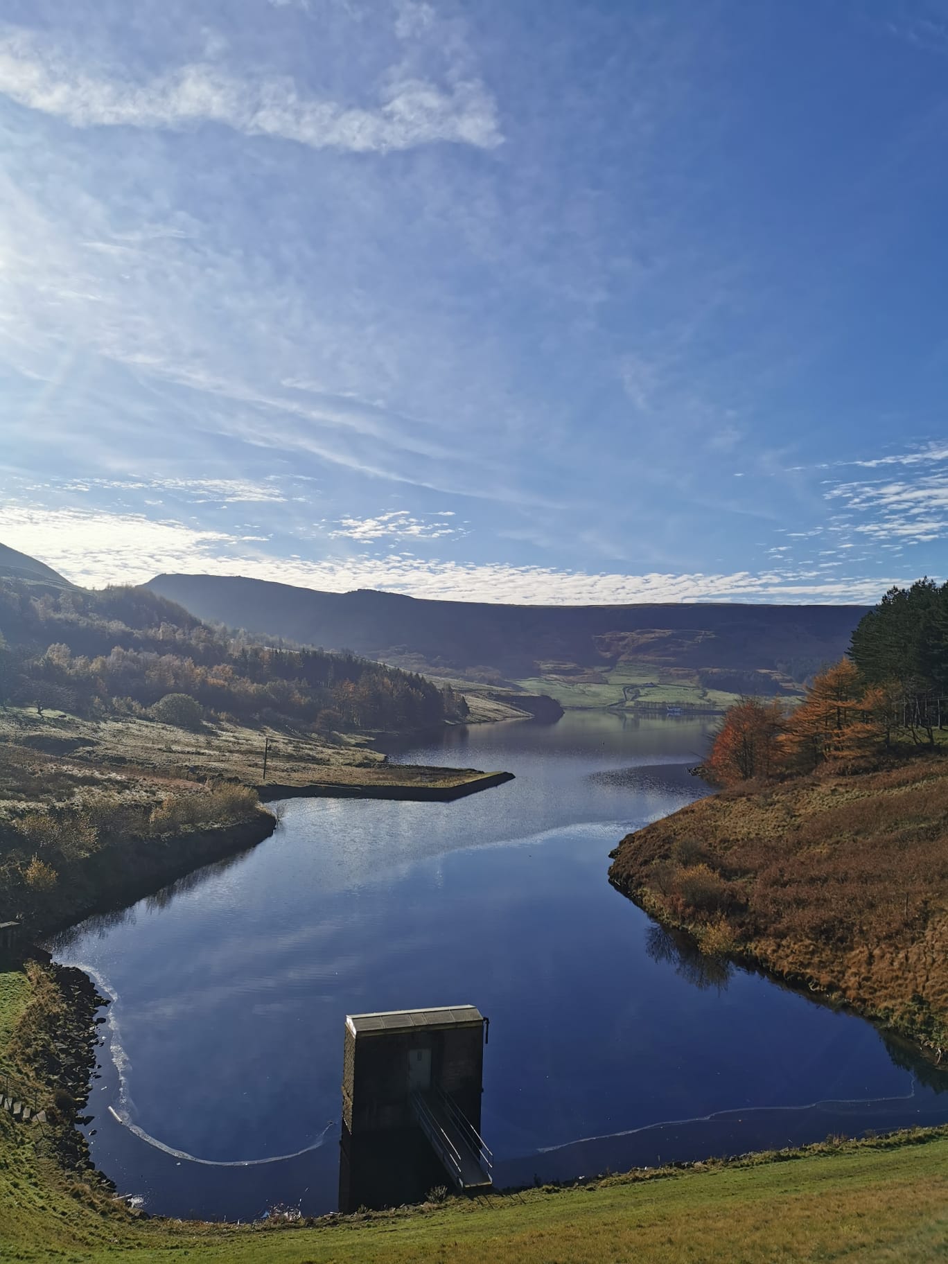 A still reservoir below moorland hills, the kind of landscape we are looking at for the retreat weekends.